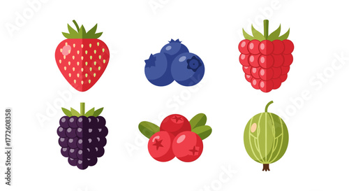 Flat style berry collection with strawberries, blueberries, raspberries, blackberries, lingonberries, and gooseberries