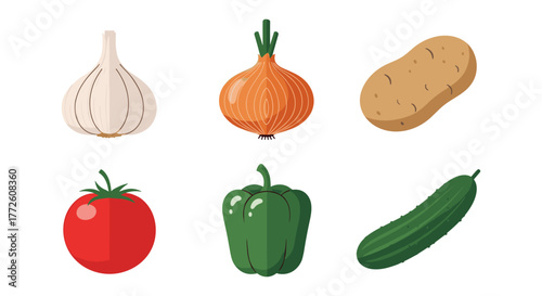 Set of isometric vegetables with garlic, onion, potato, tomato, bell pepper, and cucumber