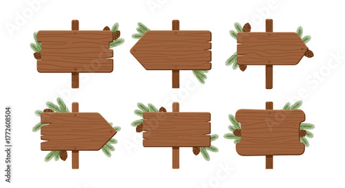 Wooden sign collection with pine branches and cones in realistic style