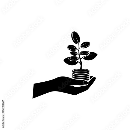 Hand holding stack of coins with plant growing out of it, symbolizing growth and investment for financial success.