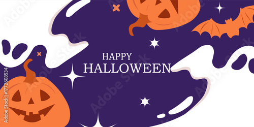halloween background, banner. Happy Halloween vector illustration with ghost, bats and pumpkin