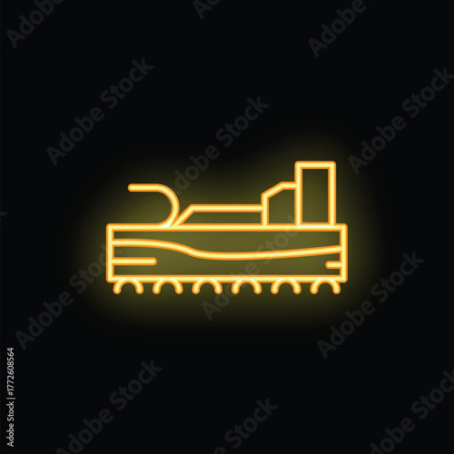 Yellow neon icon of a combine harvester working a field at night