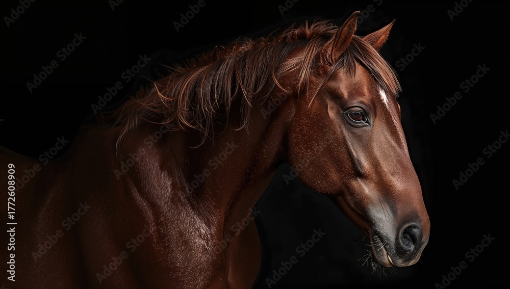 Fototapeta premium Chestnut sport horse portrait on dark backdrop, showcasing equine elegance and strength