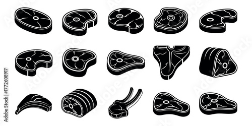 Collection of black silhouette icons depicting various cuts of meat isolated on white background