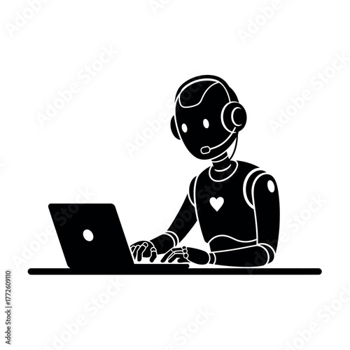 Minimalist black silhouette illustration of a friendly humanoid robot isolated on white background