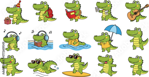 Green crocodile cartoon set, funny crocodile poses, animal character vector, crocodile activities illustration, kids mascot design, flat vector illustration
