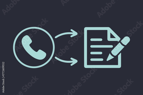Digital communication flow phone call to document creation process simplified iconography for business and technology applications
