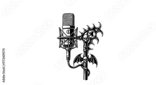 Detailed Black and White Microphone with Gothic Stand and Skulls.
