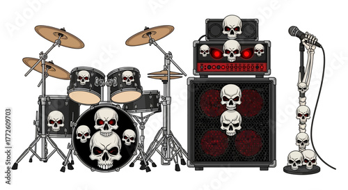SkullThemed Rock Band Equipment Drum Set Amplifier and Microphone Stand.