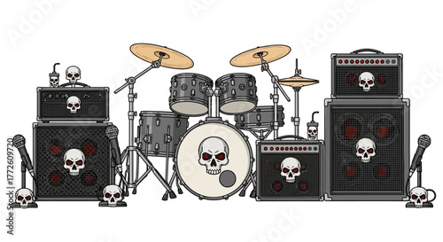 Spooky Rock Band Drum Kit and Amplifiers with Skull Embellishments.