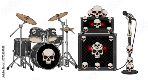 Spooky Rock Band Drum Kit Speakers and Microphone with Skulls.