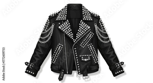 Stylish Black Leather Jacket with Silver Spikes Chains and Zippers.