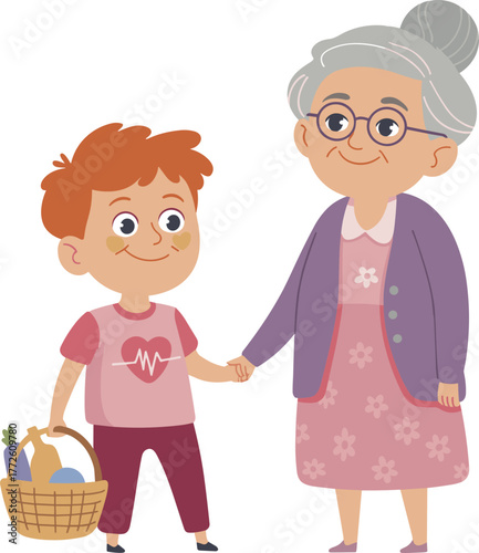 "Flat vector illustration of happy grandmother and grandson holding hands, family love, generation bonding, senior care, and togetherness concept