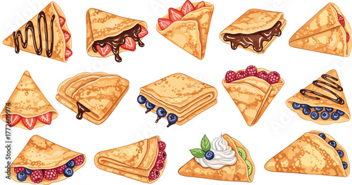 Delicious sweet crepes with chocolate, berries, cream, and fruit filling, dessert collection, tasty bakery food, breakfast treats, flat vector illustration
