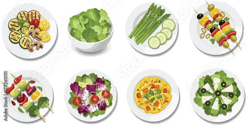 Healthy vegetarian food set, grilled vegetables, fresh salad, asparagus, veggie skewers, organic meal, nutritious lunch and dinner, flat vector illustration