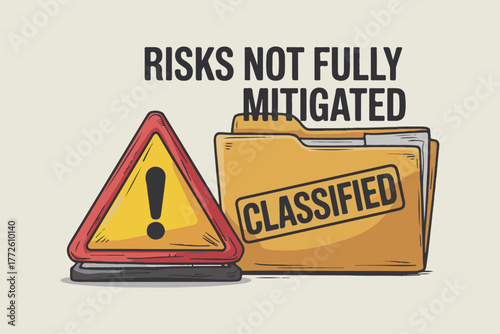 Warning sign and classified folder highlight risks not fully mitigated in this conceptual graphic representing security and data protection challenges