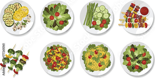 Healthy vegetarian food plates, grilled vegetables, fresh salads, veggie skewers, pasta dishes, nutritious meal variety, organic diet, flat vector illustration
