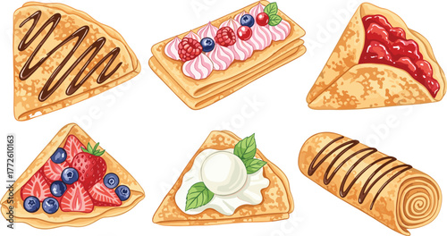 Delicious sweet crepes with chocolate, berries, cream, and jam, dessert collection, bakery food, breakfast treats, pastry menu, flat vector illustration
