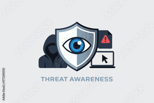 Cybersecurity shield with eye symbol protecting against digital threats hacker icons and warning symbols data security concept