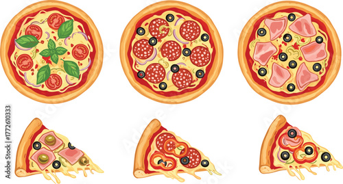 Delicious pizza collection with slices, pepperoni, cheese, tomato, ham, and olives, Italian food illustration, fast food meal, flat vector illustration