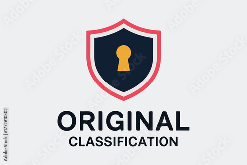 Shield with keyhole emblem symbolizing originality and secure classification status verified authenticity