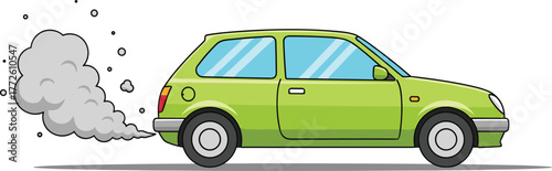 Green car emitting smoke, vehicle pollution, environmental impact, air pollution concept, automotive exhaust, traffic emission, transportation issue, flat vector illustration