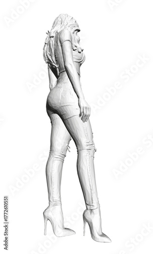 A young girl with long hair stands casually in a sketch drawing, wearing a simple shirt and jeans.