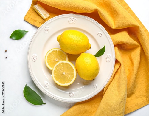 Overhead view of a decorative plate with lemons and foliage