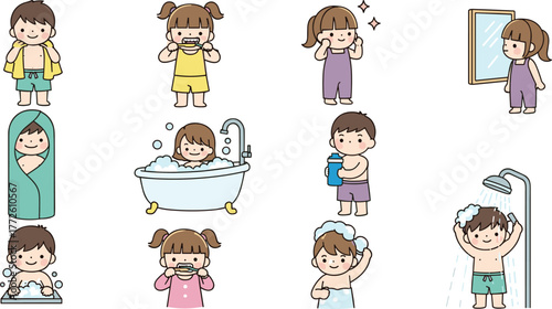 Children daily hygiene routine, brushing teeth, taking bath, washing face, shower time, self care habits, clean kids, flat vector illustration