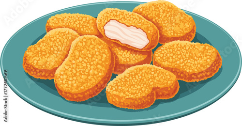 MobileCrispy chicken nuggets on plate, fried fast food snack, golden breadcrumb coating, delicious meal, junk food, flat vector illustration