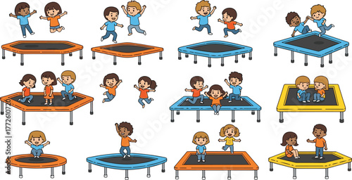 Kids jumping, playing, and having fun on colorful trampolines, outdoor playground activity, happy children exercising, teamwork, joy, fitness, flat vector illustration