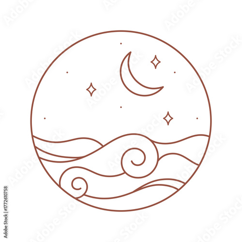 Bohemian logo design with sea, crescent moon and stars