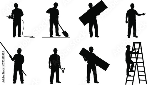 Silhouettes of construction workers with tools, performing tasks, wearing safety gear, in various poses, flat vector illustration, isolated design
