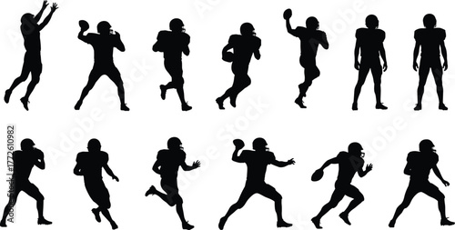 American, football, player, silhouette, action, pose, quarterback, receiver, athlete, sport, run, throw, catch, tackle, dynamic, motion, black, icon, flat, vector illustration