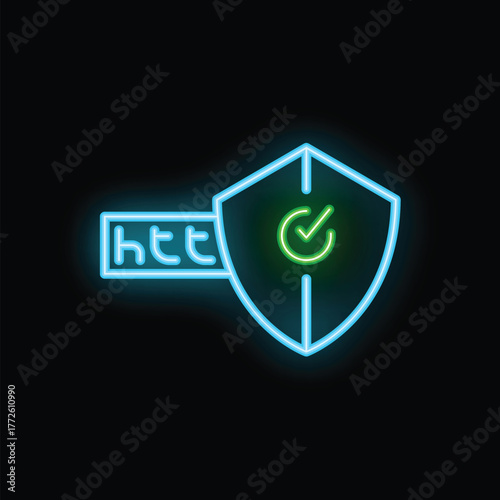 Neon https protocol symbol is glowing, representing secure website connections and data encryption