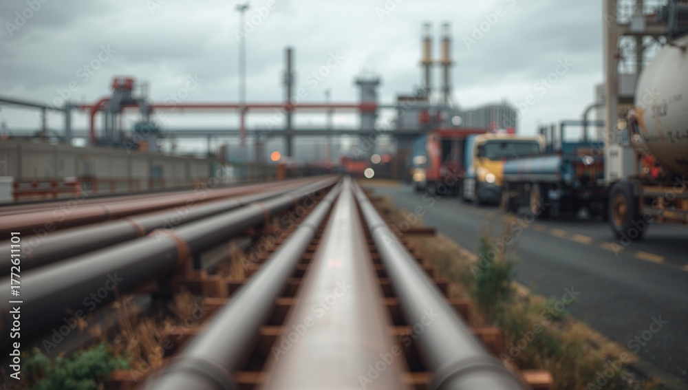 Naklejka premium Defocused abstract background of pipe factory, industrial setting, operational efficiency