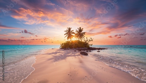 Fototapeta Naklejka Na Ścianę i Meble -  Scenic tropical island featuring a beach and coconut palm at sunset, ideal for relaxation