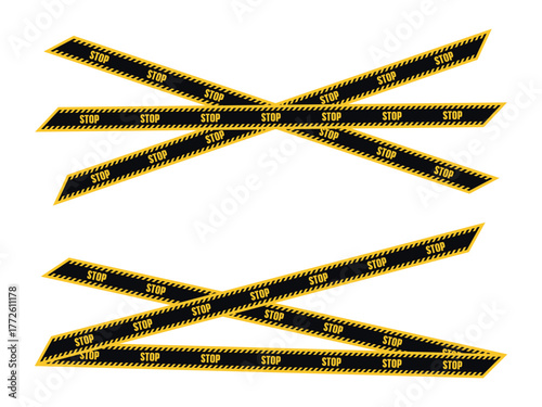 Realistic yellow and black stop tape set. Caution barrier ribbons with warning text STOP isolated. Vector illustration for security, danger zone, police, and restricted area design