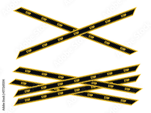Yellow and black stop tape set. Caution line collection for police, warning, danger, or safety concept. Vector illustration for design, banner, and caution themes