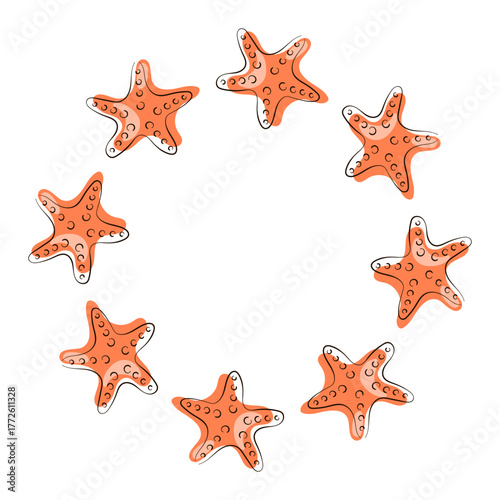 Starfish wreath in flat style orange color. Undersea design for seafood store, fish restaurant, card isolated on a white background.
