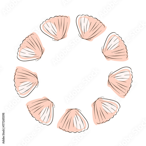 Scallop seashell wreath in flat style. Shell underwater design for seafood restaurant isolated on a white background.