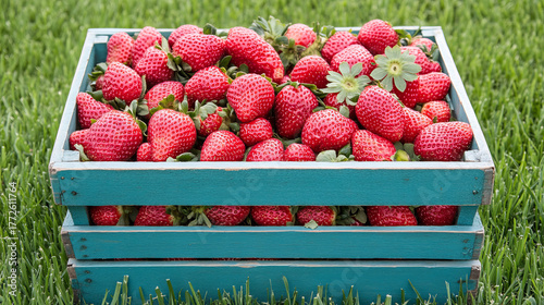 Vibrant strawberries nestle in a turquoise crate, evoking Midsummer feasts and the ancient Nemi strawberry festival