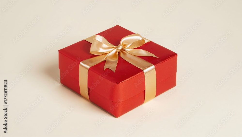 Obraz premium Crimson package wrapped with a shiny golden ribbon in a stylish bow. Festive present idea.