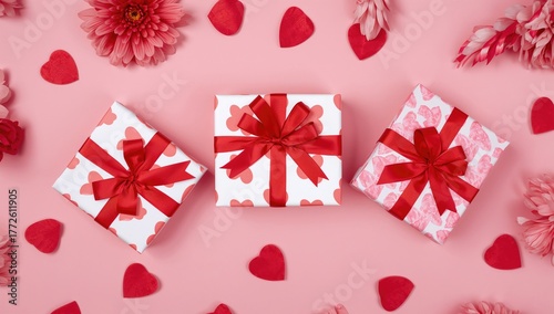 Romantic Valentineâ€™s banner featuring three presents wrapped in heart-designed paper and red bows, decorated with red hearts and blossoms on a pink backdrop.