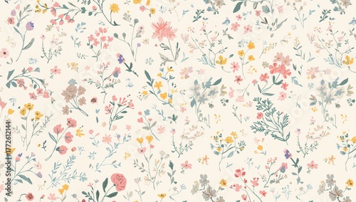 Textile print featuring a random arrangement of wildflowers for spring