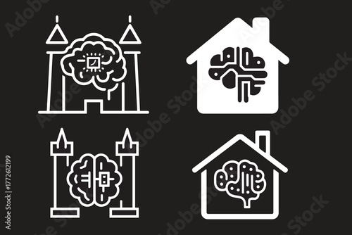 Smart building technology icons representing ai brains within architectural structures and residential homes for future city concepts