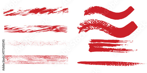 Straight red ink vector lines pack. Bloody color long and round hand-drawn brushstroke text highlights, frames, circles