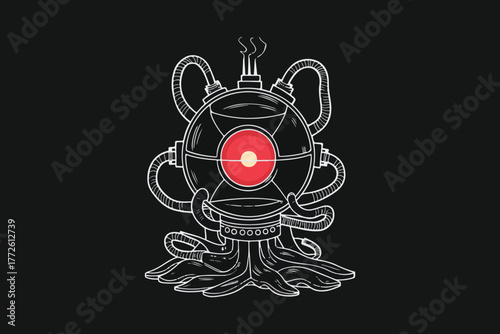 Futuristic robotic creature with glowing red eye and intricate mechanical design abstract art