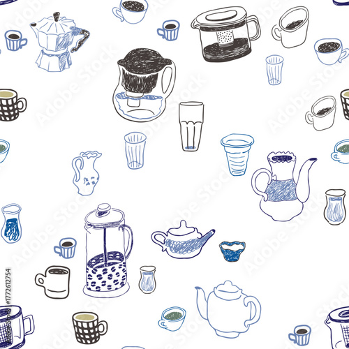 Seamless pattern with drinks in hand drawn style.Element for decoration design mail posts postcards poster print invitation background backdrop wrapping wallpaper banner textile