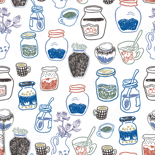 Seamless pattern with jars of jam in hand drawn style.Element for decoration design mail posts postcards poster print invitation background backdrop wrapping wallpaper banner textile